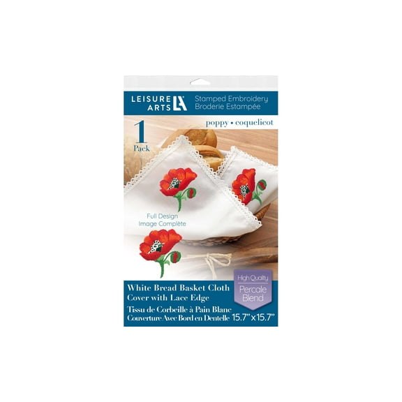 Leisure Arts Bread & Basket Cloth 15.7"X15.7" Poppy, Stamp Embroidery Cloth, Bread Cloth, Tea Towels For Bread, Towel, Cloth Cover, Pastry