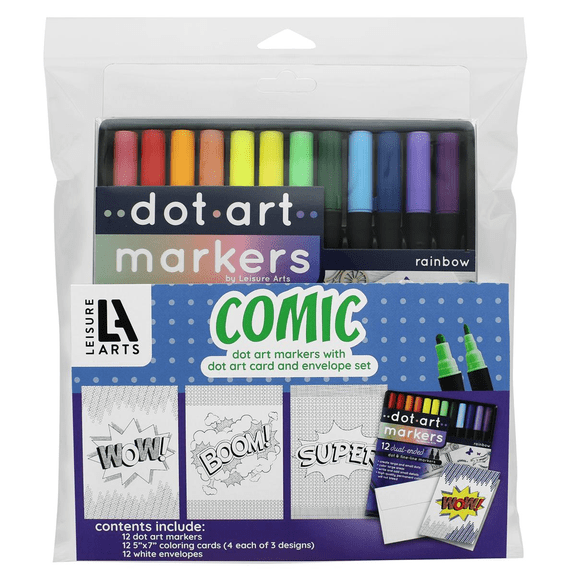 Leisure Arts Crafting Dot Art Card and Envelope 5x7 - 12 piece Comic with Markers