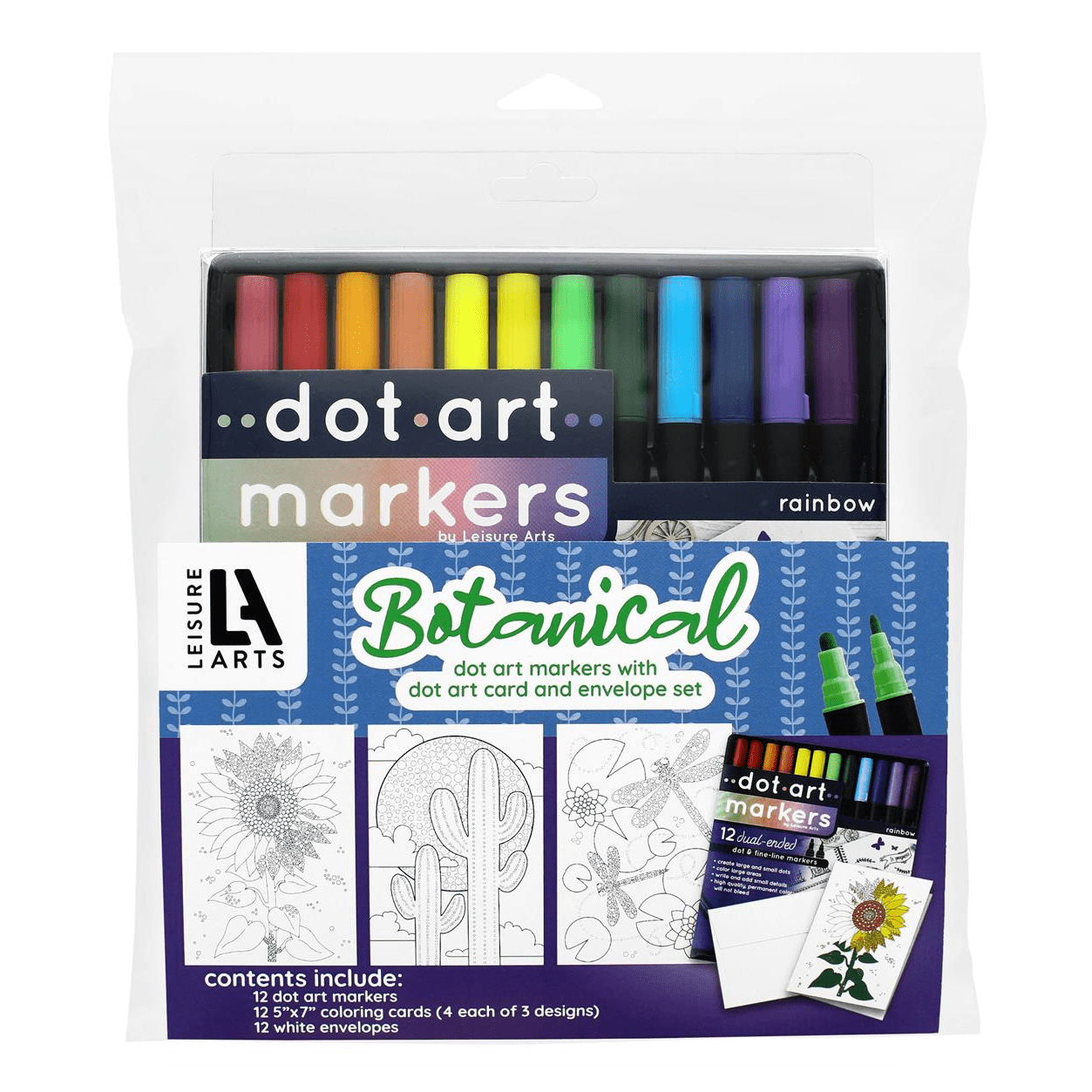 Leisure Arts Crafting Dot Art Card and Envelope 5x7 - 12piece Botancal with Markers
