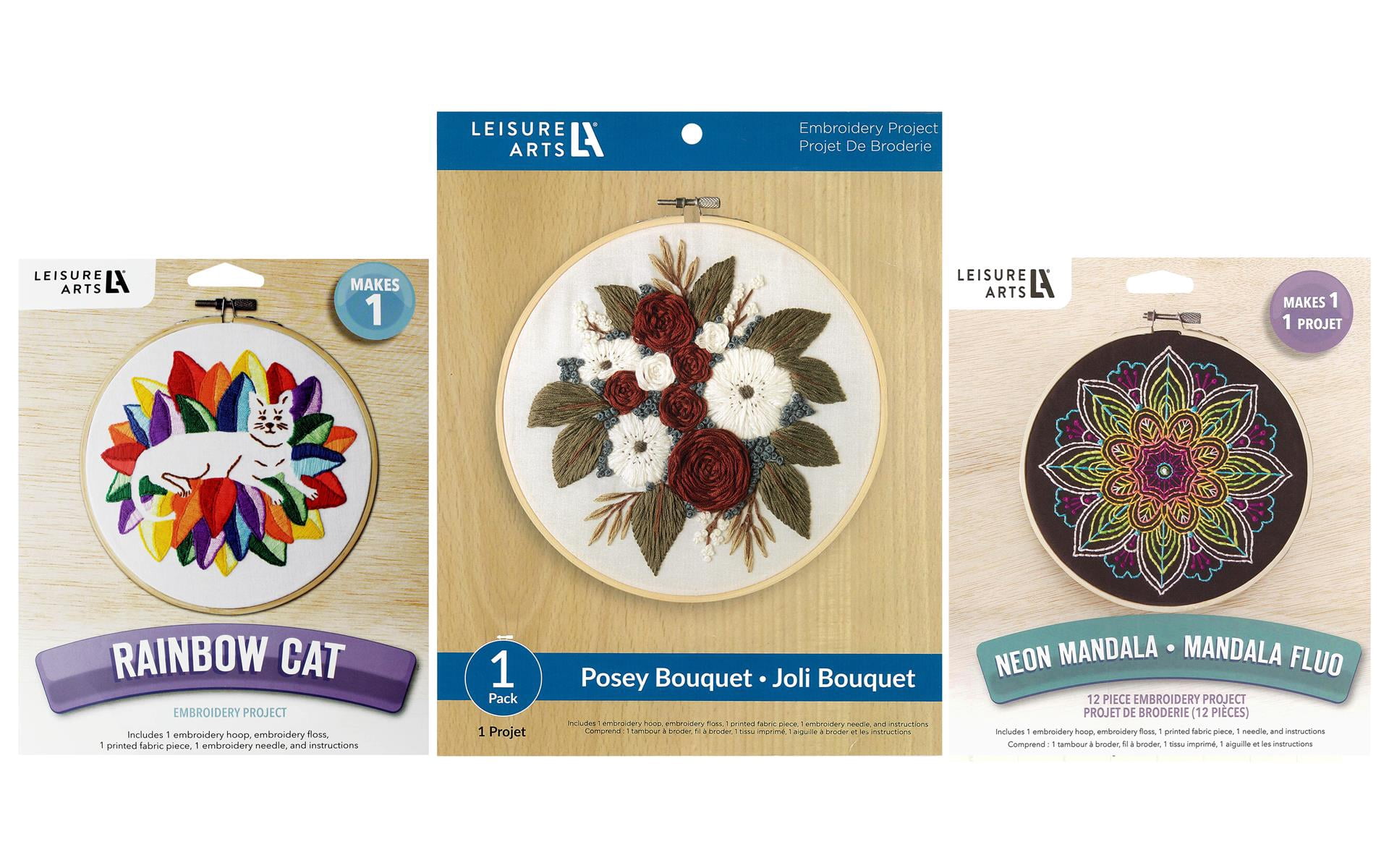 Leisure Arts Embroidery Collection 6 Inch & 8 Inch, 3 Pc Kit – Embroidery Kit for Beginners and Adults, Cross Stitch Kits with Patterns, Starter Set for DIY Crafts