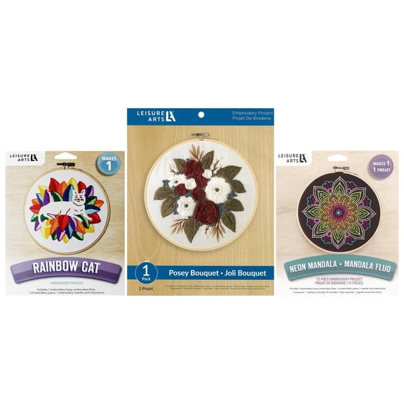 Leisure Arts Embroidery Collection 6 Inch & 8 Inch, 3 Pc Kit – Embroidery Kit for Beginners and Adults, Cross Stitch Kits with Patterns, Starter Set for DIY Crafts