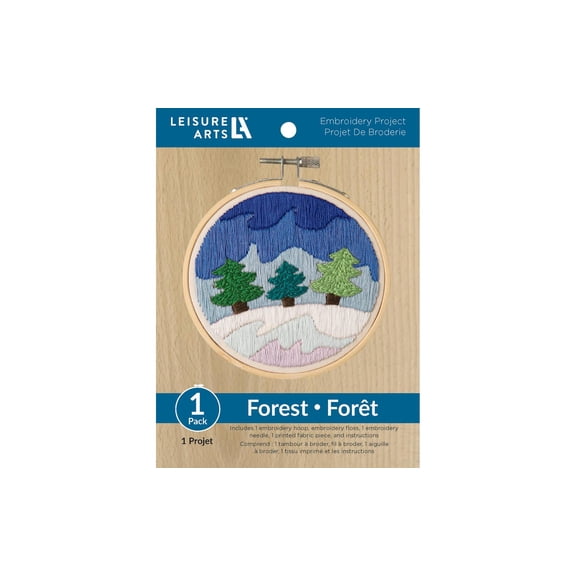 Leisure Arts Embroidery Kit 4" Snowy Forest (French) - Embroidery Kit for Beginners and Adults, Cross Stitch Kits with Patterns, DIY Starter Set for Seasonal Craft Projects