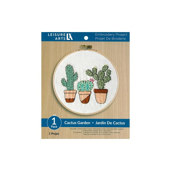 Leisure Arts Embroidery Kit 6" Cactus Garden (French) - Embroidery Kit for Beginners and Adults, Cross Stitch Kits with Patterns, DIY Starter Set for Seasonal Craft Projects