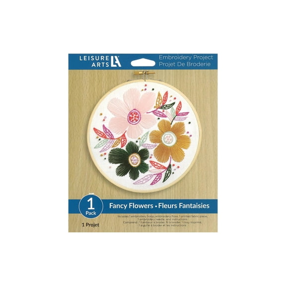 Leisure Arts Embroidery Kit 6" Fancy Flowers - Embroidery Kit for Beginners and Adults, Cross Stitch Kits with Patterns, DIY Starter Set for Seasonal Craft Projects