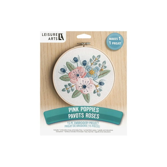 Leisure Arts Embroidery Kit 6" Pink Poppies - Embroidery Kit For Beginners - For Adults Cross Stitch Kits Cross Stitch Kits Beginners Patterns