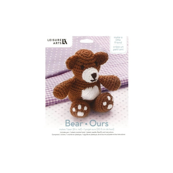 Leisure Arts Little Crochet Friend Animals Crochet Kit, Bear, 8", Complete Kit, Learn To Animal Starter Kit For All Ages, Includes Instructions, Diy Amigurumi Kits