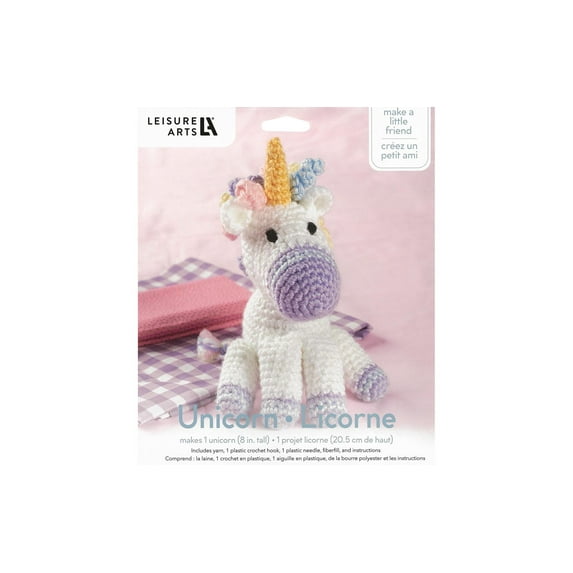 Leisure Arts Little Crochet Friend Animals Crochet Kit, Unicorn, 8", Complete Kit, Learn To Animal Starter Kit For All Ages, Includes Instructions, Diy Amigurumi Kits