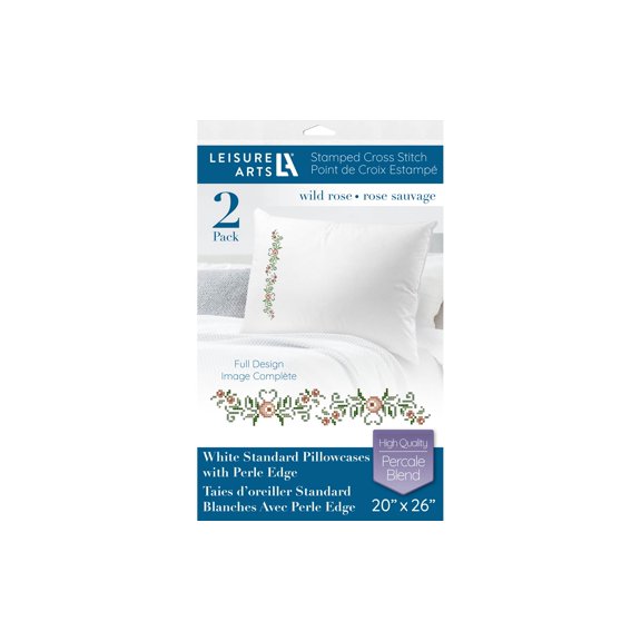 Leisure Arts Pillowcase 20"X26" Wild Rose 2Pc, Embroidery Pillow Kit, Stamped Embroidery Pillowcases, Pillow Cases Stamped, Stamped Cross Stitch Cases