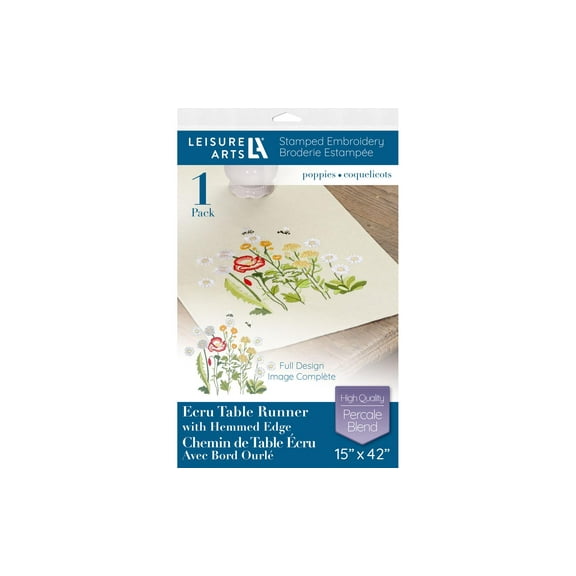 Leisure Arts Table Runner 15"X42" Ecru Poppies, Kitchen Table Runner, Embroidery Kit, Kitchen Runner, Cross Stitch Kits For Beginners, Embroidery Patterns, Fabric