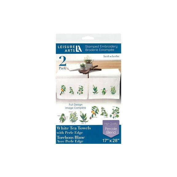 Leisure Arts Stamped Embroidery Tea Towels 2 Pack Herb Garden Designs 17x28 | Beginner Hand Embroidery Kit for Adults | Perle Edge Cotton Blend Towels w/ DMC, Anchor & Coats Floss Guide