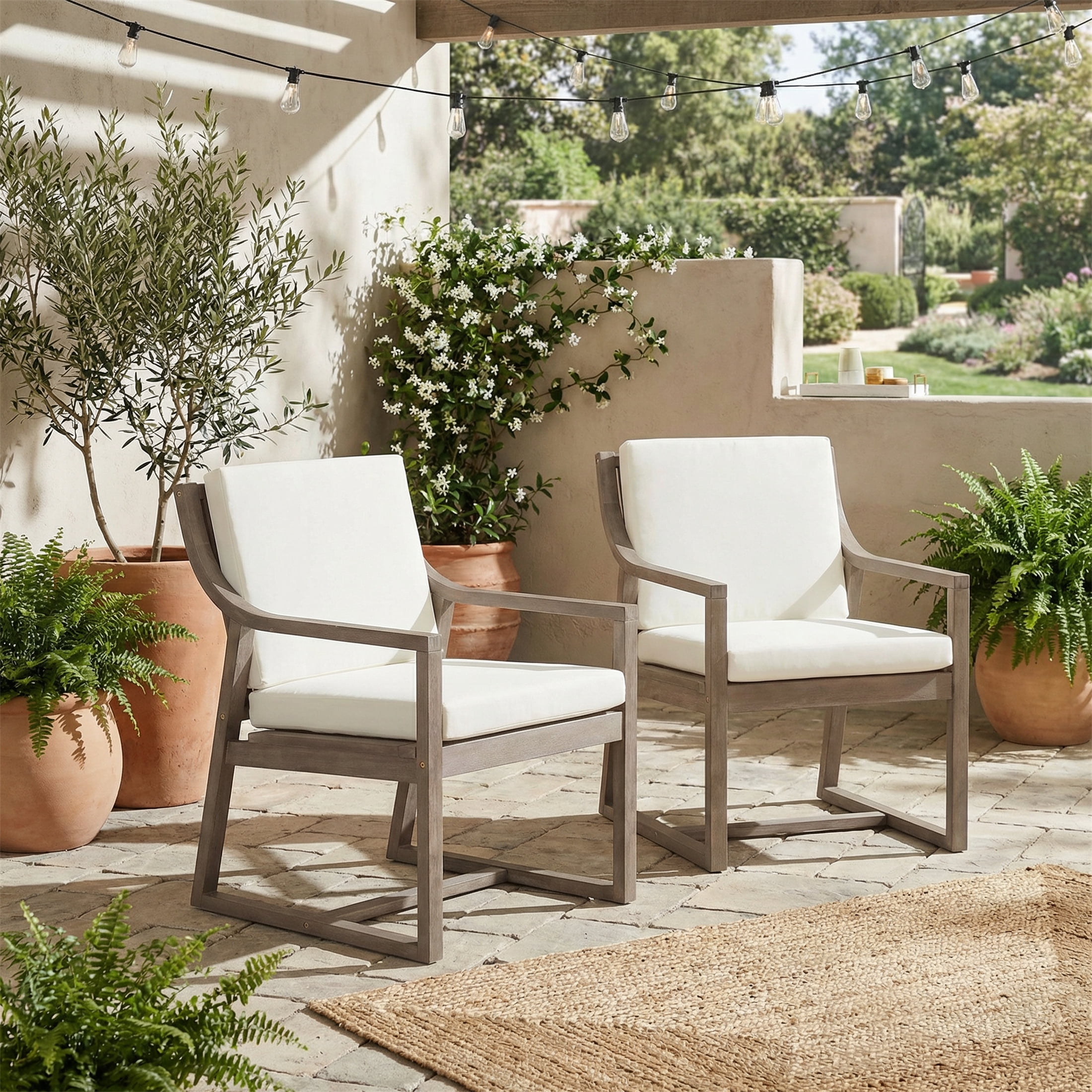 Leisure Chair Set, Outdoor Patio Seating Chairs with Black Brown Wood and Beige Cushion