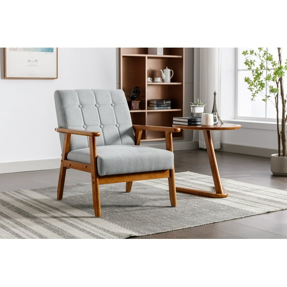 Leisure Chair with Solid Wood Armrest and Feet, Mid-Century Modern Accent Sofa for Living Room Bedroom Studio