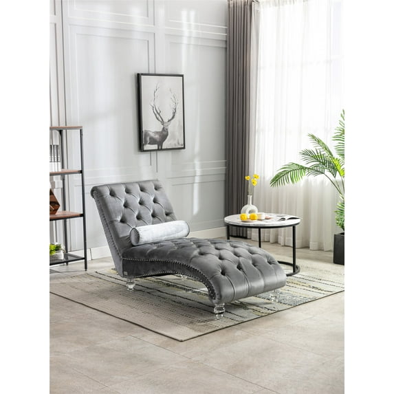 Leisure Chaise Lounge Chair with Throw Pillow Velvet Upholstered Concubine Sofa with Acrylic Feet Armless Chaise Couch Accent Sofa for Living Room Bedroom Office, Silver