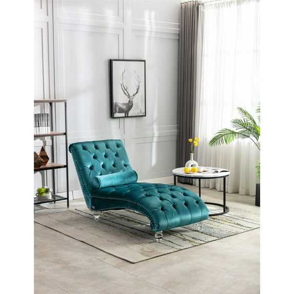 Leisure Chaise Lounge Chair with Throw Pillow Velvet Upholstered Concubine Sofa with Acrylic Feet Armless Chaise Couch Accent Sofa for Living Room Bedroom Office, Teal