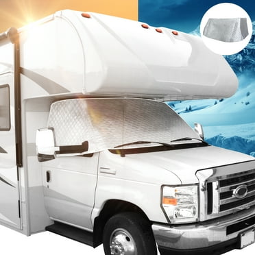 RV Windshield Cover For Class C Ford 1997-2021 - 4 Layer Sunshade With Mirror Cutouts Silver