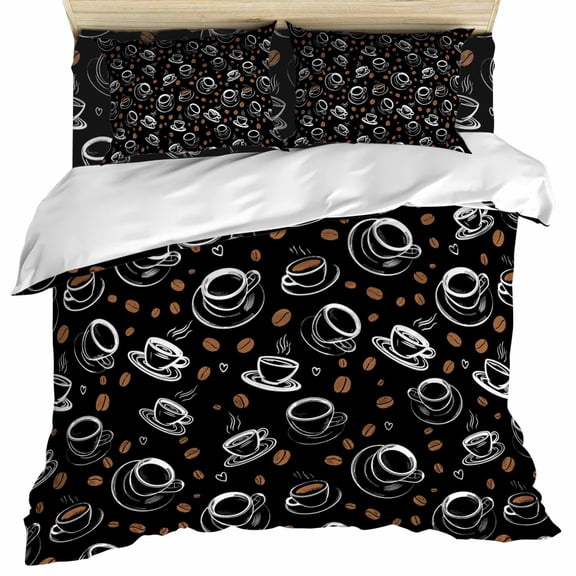 Leisure Coffee Set of 4 Bedding Quilt Covers, Vintage Country Coffee Cups Beans Black 4-Piece Bed Sheet Set with Extra Soft Bed Sheets Quilt Cover Pillowcase, Twin