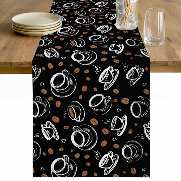 Leisure Coffee Table Runner - 120 Inch Long Vintage Country Coffee Cups Beans Black Cotton and Linen Blended Dress Scarves Farmhouse Table Runner for Kitchen Dining, Coffee Table, 13" x 120"