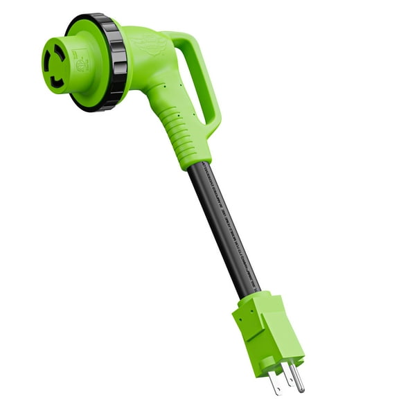 Leisure Cords 12" 90-Degree Dogbone RV Adapter 15 Amp Male and 30 Amp Female with Twist Lock and LED Power indicator