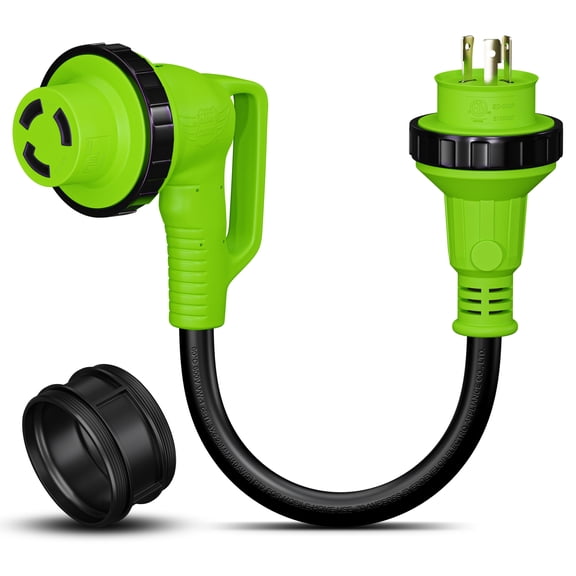 Leisure Cords 18" 30 Amp RV Dogbone Adapter - L5-30P Male to L5-30R Female Twist Lock, 90-Degree Ergonomic Grip Handles, LED Power Indicator, Weatherproof with Included Coupler Adapter (30 Amp Male T