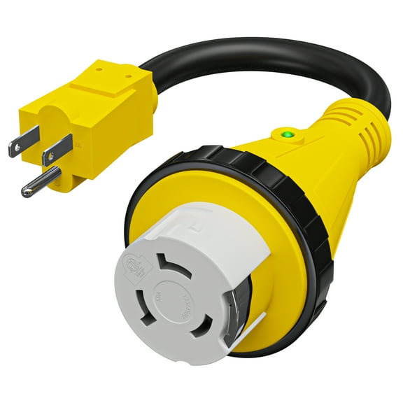 Leisure Cords Trailer dogbone power cord plug adapter 15 amp male to 50 amp female locking connector with LED Indicator (15 Male - 50 Female Twist)