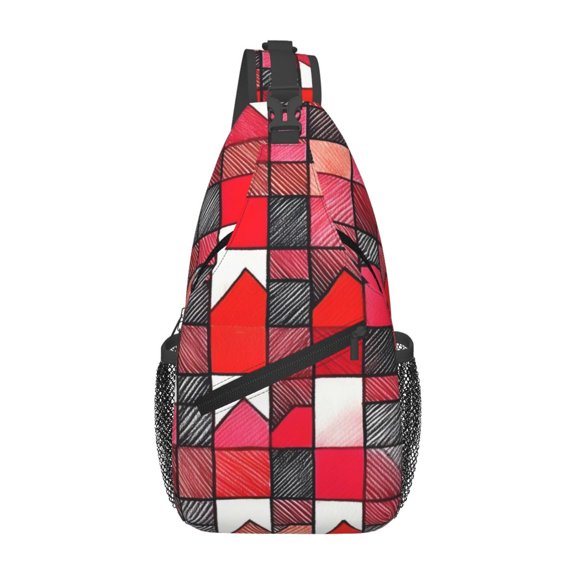 Leisure Cross Chest Bag 7.515.3in Breathable Adjustable Shoulder Pad Capacity For Short-Distance Travel Work Daily Travel Red Colorful Houndstooth Hand-Drawn Sketch_3