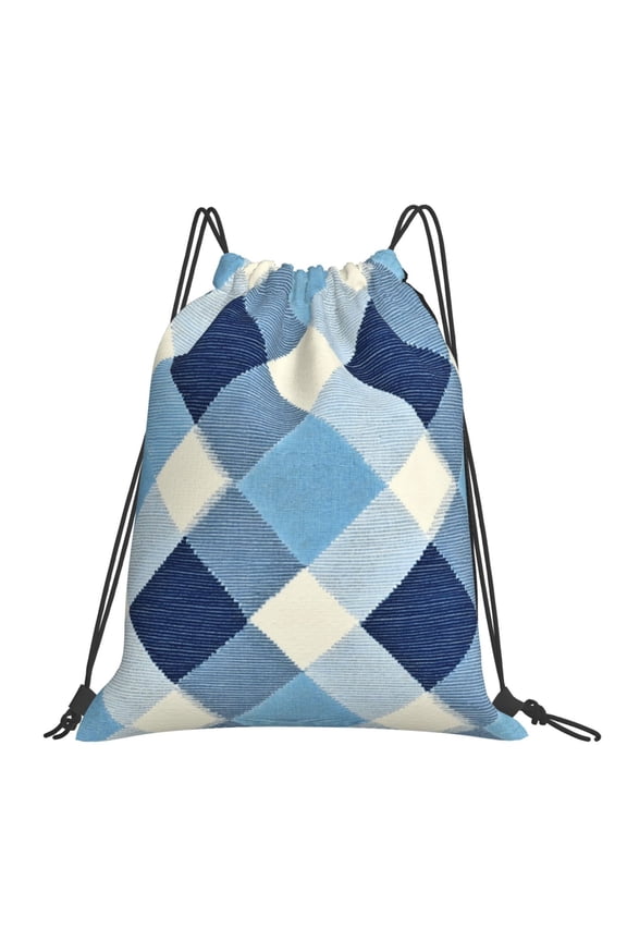 Leisure Draw String Mouth Backpack 16 X 14 Woven Band Durable Not Easy To Fall Off In Travel Portable Draw String Design Argyle Plaid Lightskyblue_49288_3