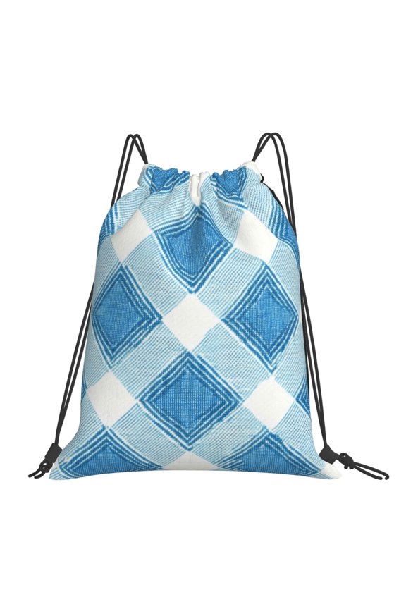 Leisure Draw String Mouth Backpack 16 X 14 Woven Band Durable Not Easy To Fall Off In Travel Portable Draw String Design Argyle Plaid Lightskyblue_49288_4