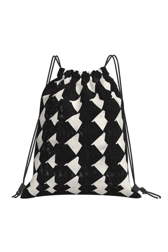 Leisure Draw String Mouth Backpack 16 X 14 Woven Band Durable Not Easy To Fall Off In Travel Portable Draw String Design Black Houndstooth Vintage Texture_3