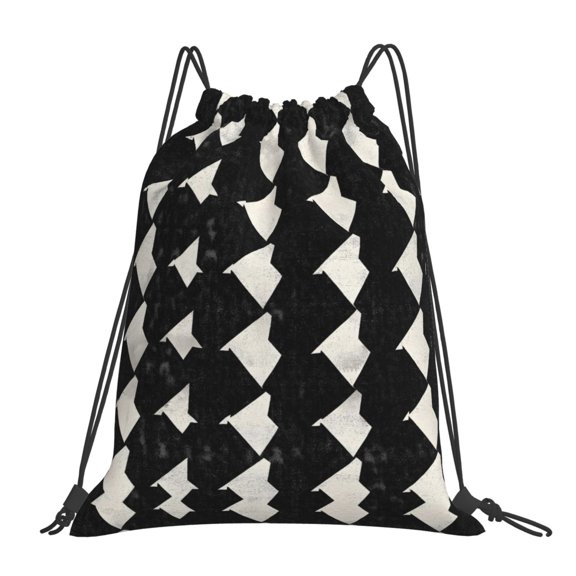 Leisure Draw String Mouth Backpack 16 X 14 Woven Band Durable Not Easy To Fall Off In Travel Portable Draw String Design Black Houndstooth Vintage Texture_3