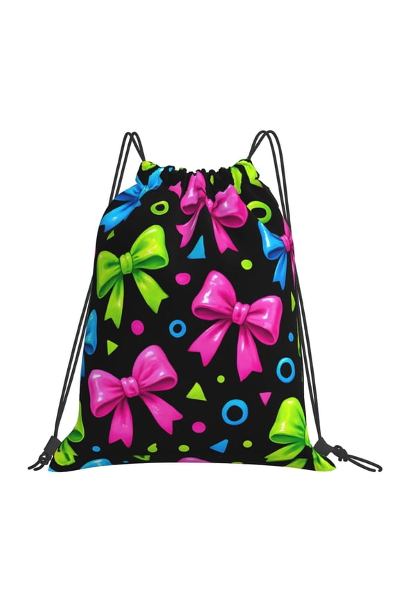 Leisure Draw String Mouth Backpack 16 X 14 Woven Band Durable Not Easy To Fall Off In Travel Portable Draw String Design Bold Neon Contemporary Ribbon Bow Pattern