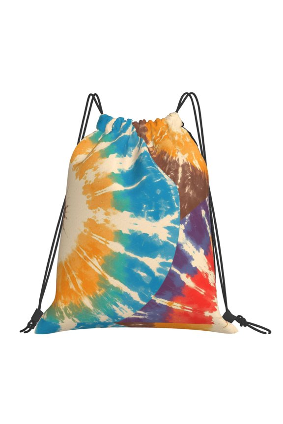 Leisure Draw String Mouth Backpack 16 X 14 Woven Band Durable Not Easy To Fall Off In Travel Portable Draw String Design Brown Tie-Dye Background Rainbow Colors