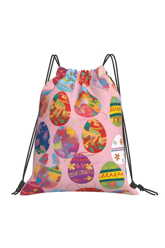 Leisure Draw String Mouth Backpack 16 X 14 Woven Band Durable Not Easy To Fall Off In Travel Portable Draw String Design Colorful Easter Eggs With Various Patterns