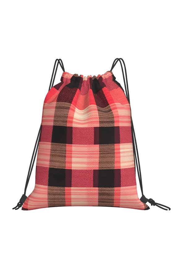 Leisure Draw String Mouth Backpack 16 X 14 Woven Band Durable Not Easy To Fall Off In Travel Portable Draw String Design Coral Buffalo Plaid Check Tartan Scotland_1