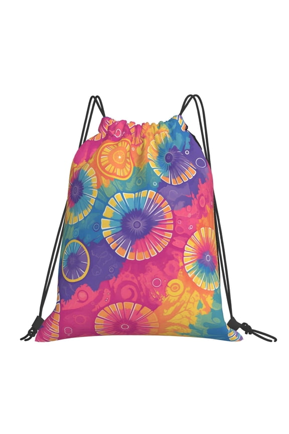 Leisure Draw String Mouth Backpack 16 X 14 Woven Band Durable Not Easy To Fall Off In Travel Portable Draw String Design Darkorchid Tie Dye Background Rainbow Colors Tie-Dye Pattern