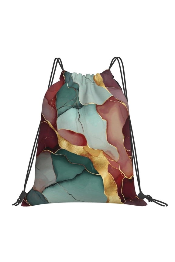 Leisure Draw String Mouth Backpack 16 X 14 Woven Band Durable Not Easy To Fall Off In Travel Portable Draw String Design Deep Reddish-Brown Green Golden Marble
