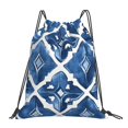 thumbnail image 1 of Leisure Draw String Mouth Backpack 16 X 14 Woven Band Durable Not Easy To Fall Off In Travel Portable Draw String Design Indigo Moroccan Trellis Hand-Drawn Sketch_2, 1 of 8