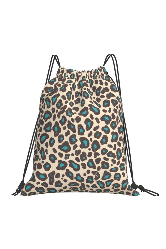 Leisure Draw String Mouth Backpack 16 X 14 Woven Band Durable Not Easy To Fall Off In Travel Portable Draw String Design Leopard Print Style Paleturquoise_4