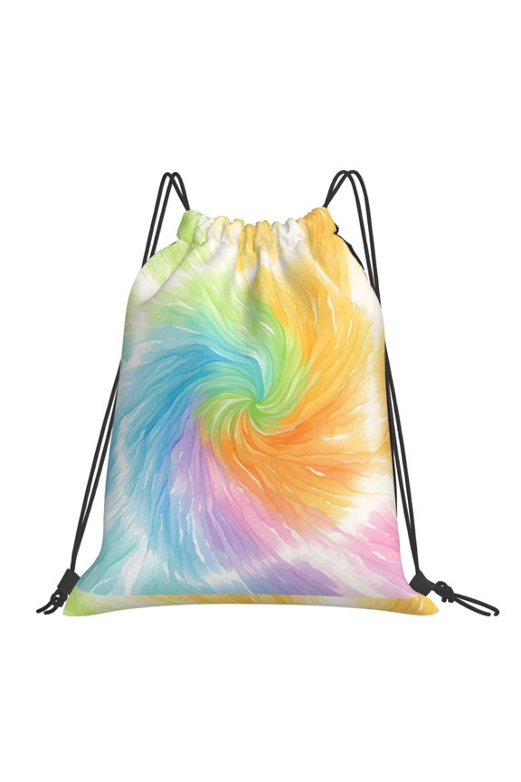 Leisure Draw String Mouth Backpack 16 X 14 Woven Band Durable Not Easy To Fall Off In Travel Portable Draw String Design Lightgreen Tie Dye Background Rainbow Colors