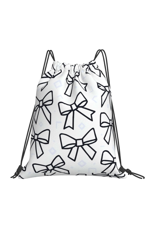 Leisure Draw String Mouth Backpack 16 X 14 Woven Band Durable Not Easy To Fall Off In Travel Portable Draw String Design Modern Minimalist Black And White Ribbon Bow Pattern