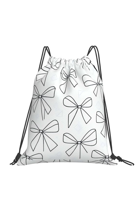 Leisure Draw String Mouth Backpack 16 X 14 Woven Band Durable Not Easy To Fall Off In Travel Portable Draw String Design Modern Minimalist Thin Black And White Ribbon Bow Pattern