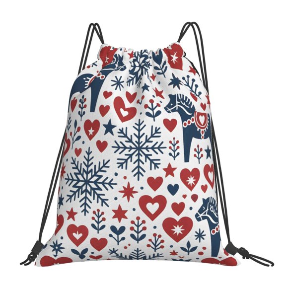Leisure Draw String Mouth Backpack 16 X 14 Woven Band Durable Not Easy To Fall Off In Travel Portable Draw String Design Nordic Folk Art Christmas Pattern