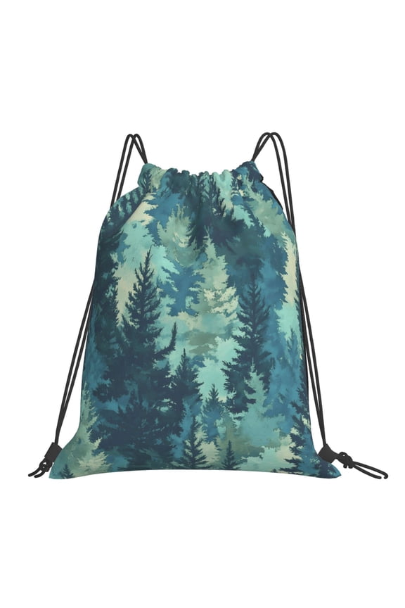 Leisure Draw String Mouth Backpack 16 X 14 Woven Band Durable Not Easy To Fall Off In Travel Portable Draw String Design Realistic Forests Camouflage Pattern Conifer Paleturquoise_1