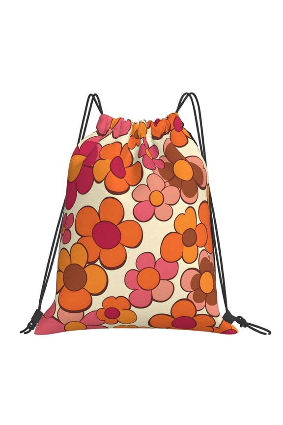 Leisure Draw String Mouth Backpack 16 X 14 Woven Band Durable Not Easy To Fall Off In Travel Portable Draw String Design Retro Groovy Flowers Pattern (12)