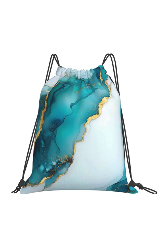 Leisure Draw String Mouth Backpack 16 X 14 Woven Band Durable Not Easy To Fall Off In Travel Portable Draw String Design Skyblue And White Gold Marble
