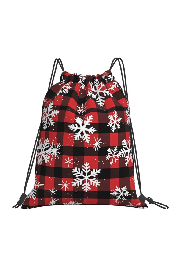 Leisure Draw String Mouth Backpack 16 X 14 Woven Band Durable Not Easy To Fall Off In Travel Portable Draw String Design Snowflakes On The Red And Black Checkered Pattern