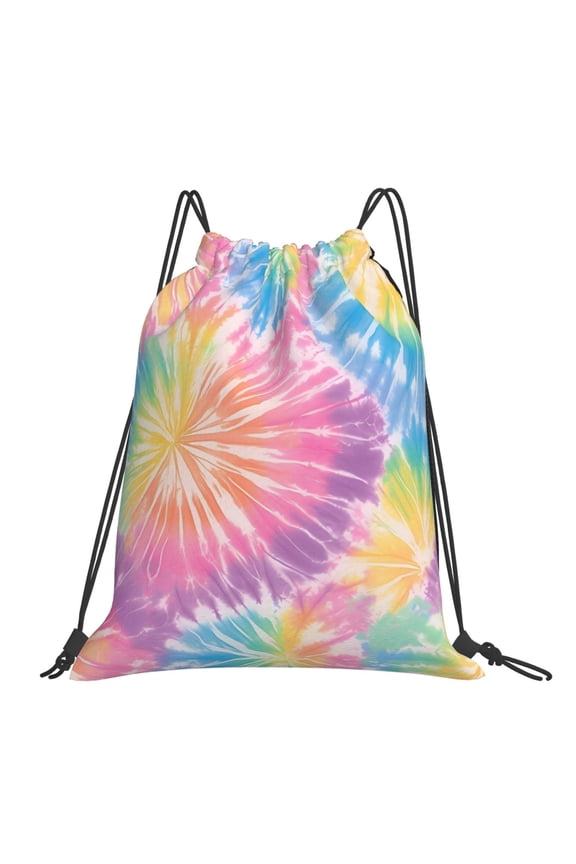 Leisure Draw String Mouth Backpack 16 X 14 Woven Band Durable Not Easy To Fall Off In Travel Portable Draw String Design Tie-Dye Pattern Rainbow Colors Tie-Dye Background_2