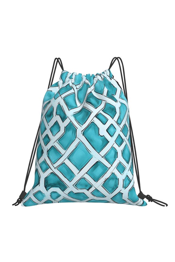 Leisure Draw String Mouth Backpack 16 X 14 Woven Band Durable Not Easy To Fall Off In Travel Portable Draw String Design Turquoise Moroccan Trellis Hand-Drawn Sketch_3
