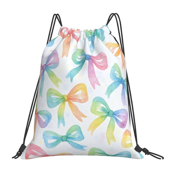Leisure Draw String Mouth Backpack 16 X 14 Woven Band Durable Not Easy To Fall Off In Travel Portable Draw String Design Watercolor Rainbow Ribbon Bow Pattern