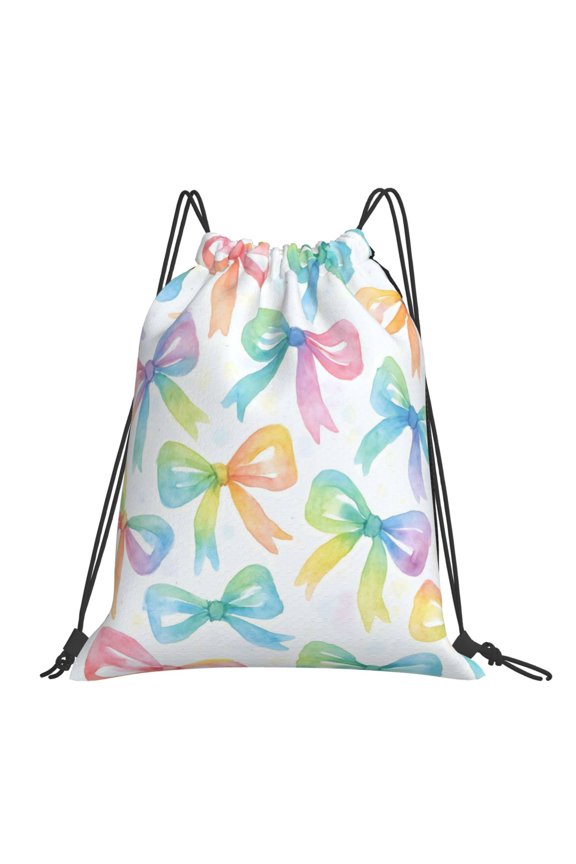Leisure Draw String Mouth Backpack 16 X 14 Woven Band Durable Not Easy To Fall Off In Travel Portable Draw String Design Watercolor Rainbow Ribbon Bow Pattern