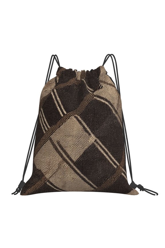 Leisure Draw String Mouth Backpack 16 X 14 Woven Band Durable Not Easy To Fall Off In Travel Portable Draw String Design Argyle Plaid Brown_17043_2